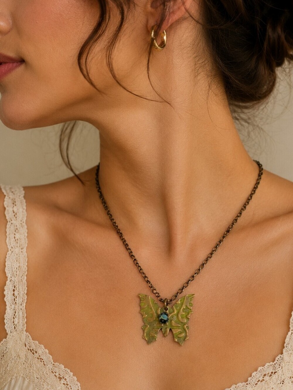 Fairycore Antique Brass Patina Metal Butterfly Pendant Chain Necklace